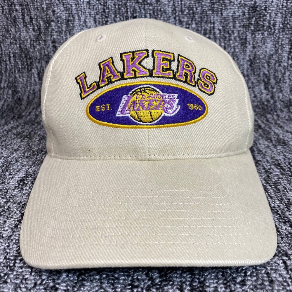 VTG 90s Los Angeles Lakers Hat Twins Enterprise Off White Cream Dad Hat Strap